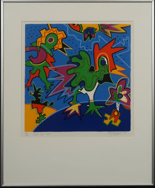 Marianne Naerebout: Zeefdruk, Head over heels - Ingelijst verkocht voor € 50!