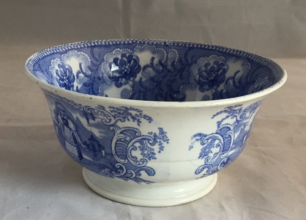 19e eeuwse (ca. 1840) Staffordshire aardewerken kom met blauwe transferdecoratie kopen? Bied vanaf 15!