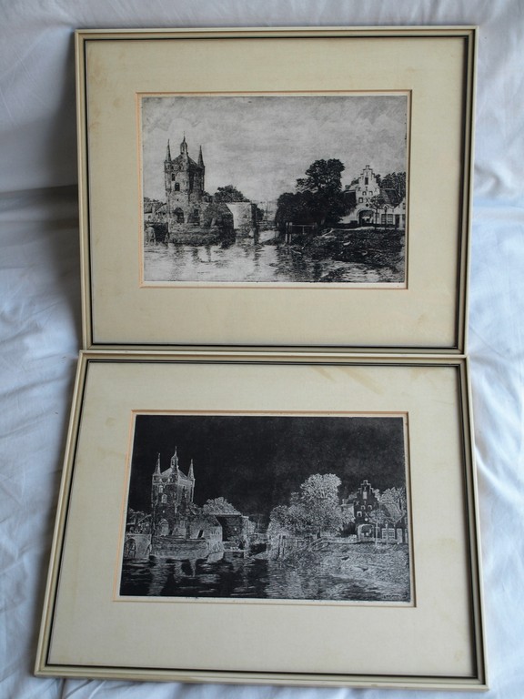 Frans de Groen :  2 Etsen , Dag en Nacht â�� ingelijst â�� ca 1945 kopen? Bied vanaf 35!
