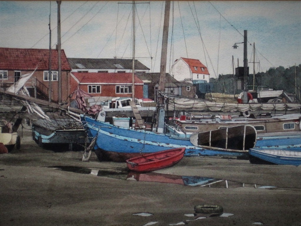 Magnifieke Aquarel "afgemeerde vissersboten" gesigneerd Michel desRochers (1938- verkocht voor € 70!