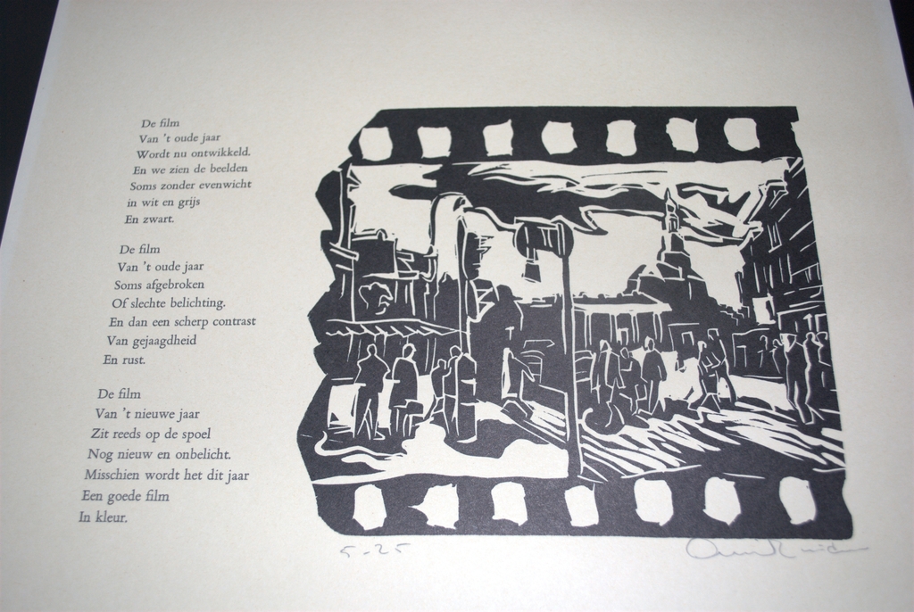 Groninger Ploeg Arie Zuidersma, linosnede Groningen met gedicht, oplage 25.  kopen? Bied vanaf 35!