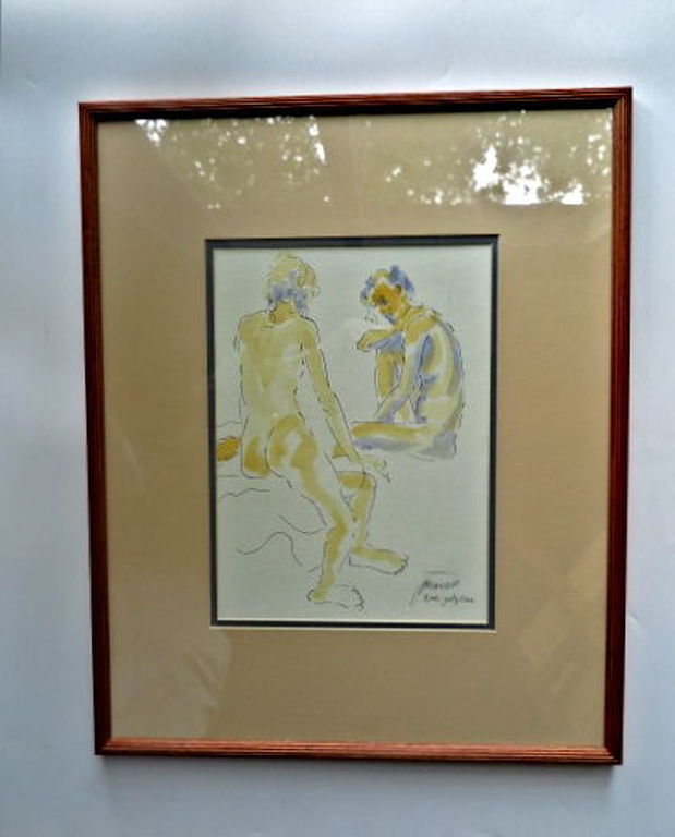 "Zonnig naakt" - combi pentekening aquarel - ingelijst - signering onduidelijk kopen? Bied vanaf 1!