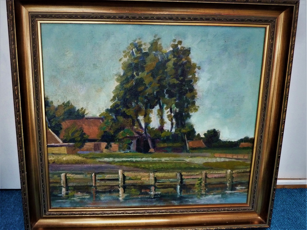 Boerderijen aan het water. Olieverf op paneel. kopen? Bied vanaf 60!