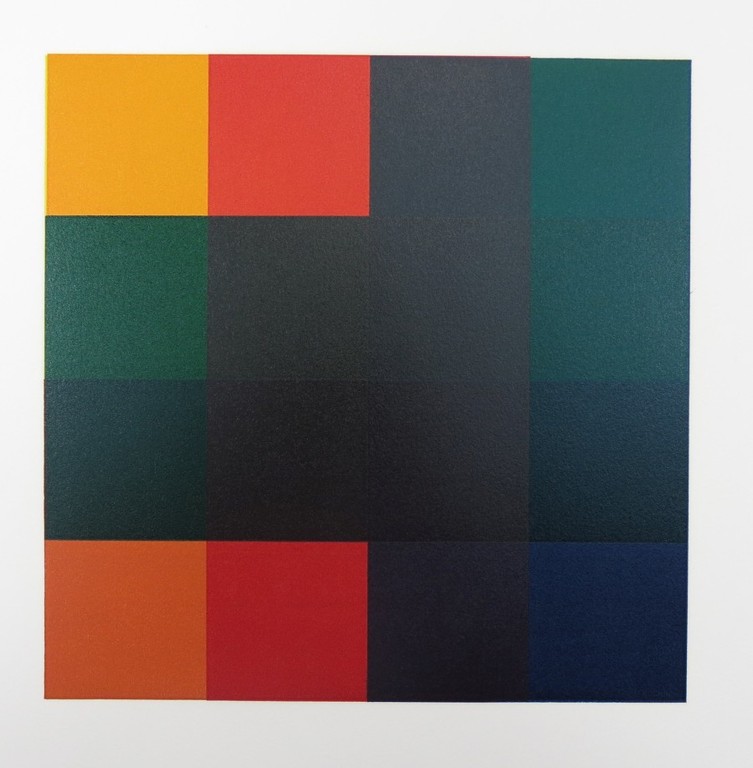 Michiel Duvekot: Linosnede, Geometrische compositie met vierkanten, Nr. 7 'G' verkocht voor € 35!