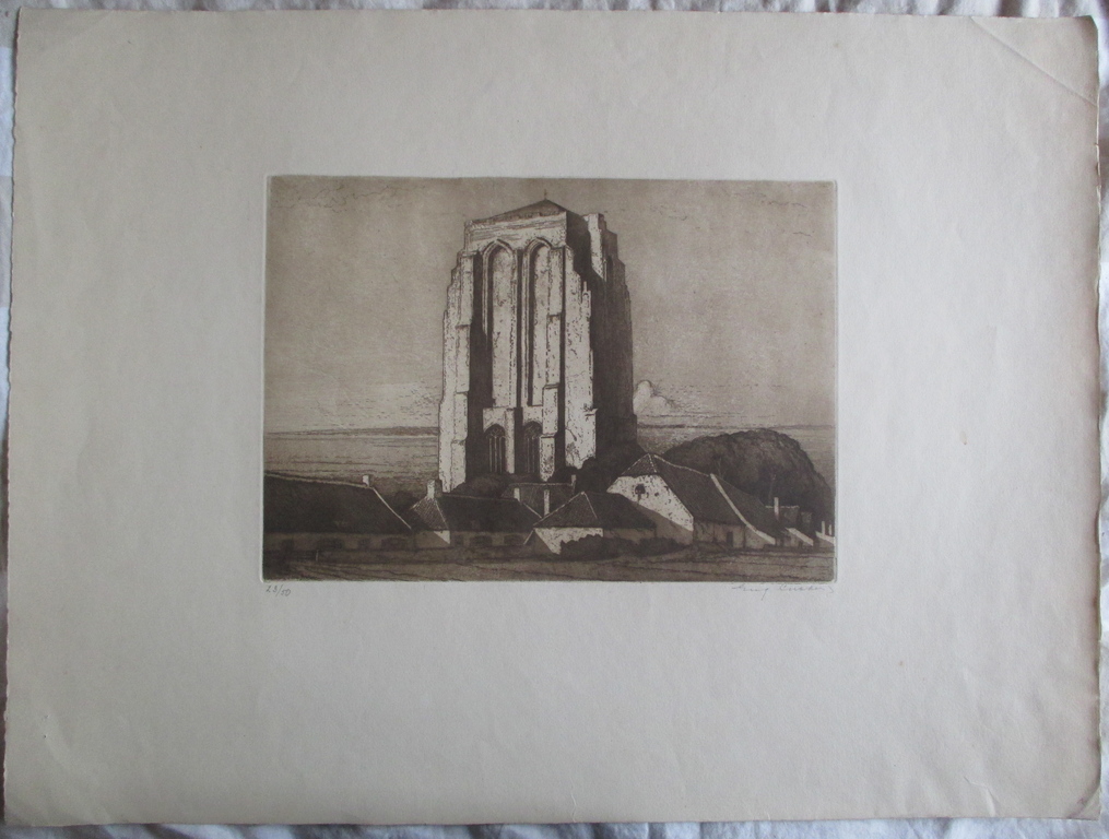 Eugene Lucker, ets kerk Veere, handgesigneerd kopen? Bied vanaf 60!