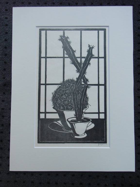 STILLEVEN MET TWEE CACTUSPLANTEN // HOUTSNEDE VAN JACQ AREND kopen? Bied vanaf 35!