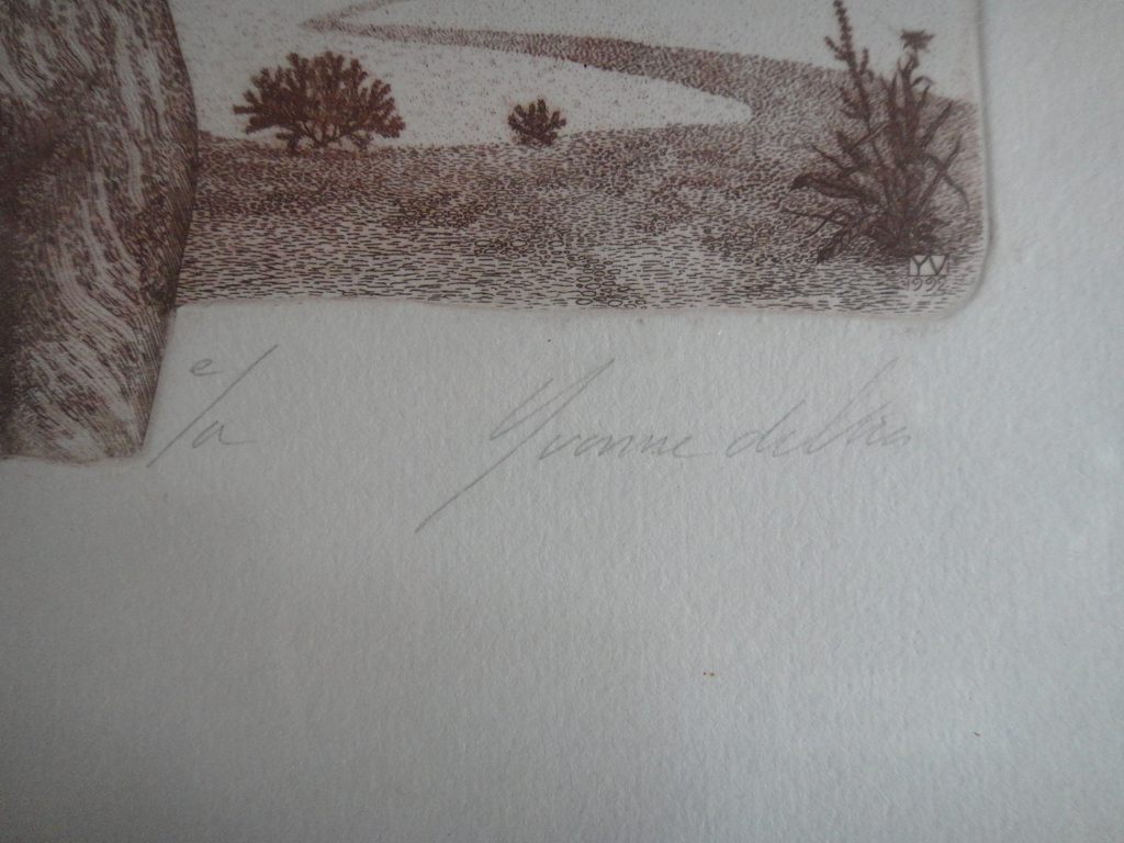 Yvonne de Vries, ets, figuurvoorstelling met naakte vrouw en zicht op polder kopen? Bied vanaf 35!