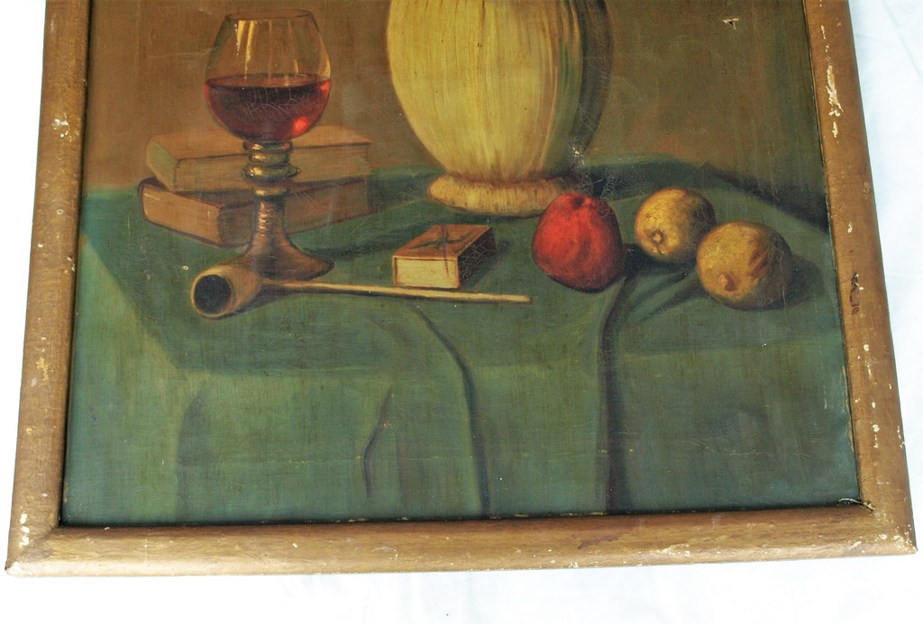Onbekend, gesigneerd : Olieverf op doek , Stilleven met wijn, pijp, fruit e.a.  kopen? Bied vanaf 1!