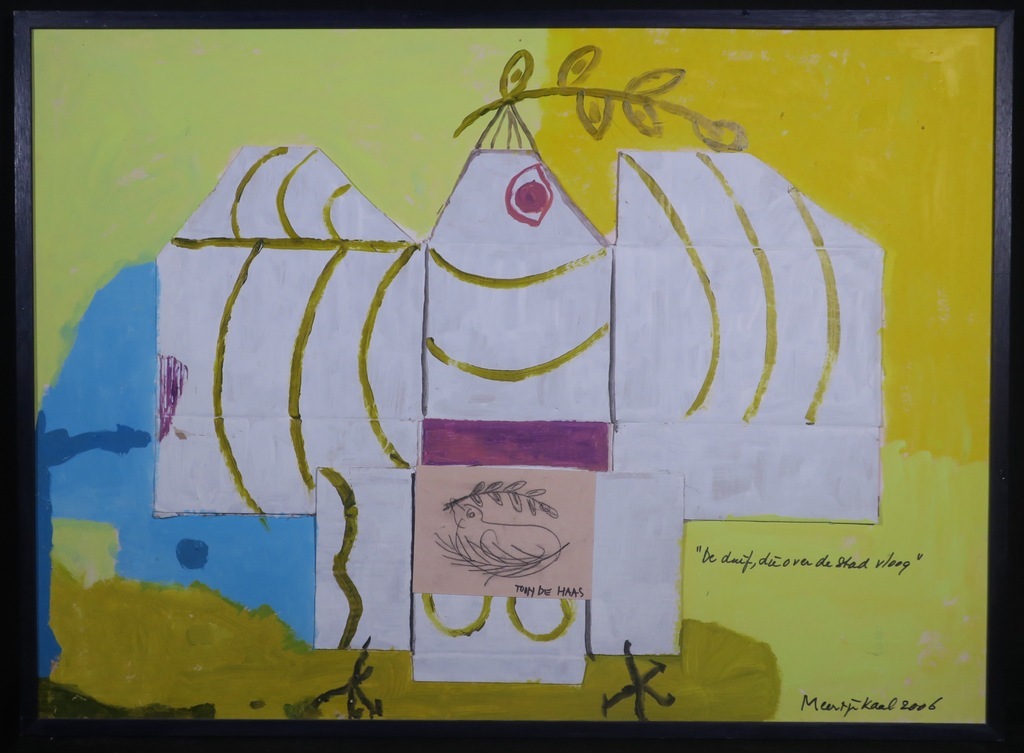 Meertje Kaal: Olieverf en collage op karton, De duif die.. - Ingelijst  kopen? Bied vanaf 1!