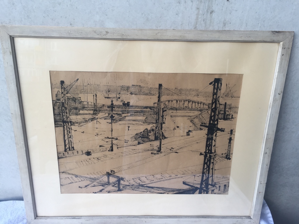 Theodor Heynes - (inkt)tekening 40,5 x 56 cm 1965 - Spoorwegemplacement kopen? Bied vanaf 1!