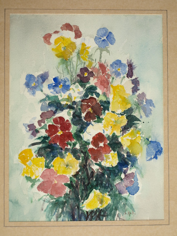 SIMON KOK – Aquarel – Violen – Gesigneerd – In passe-partout - ca 1980. verkocht voor € 35!