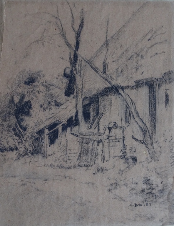 Arthur Briët, Houtskooltekening op papier, Boerenerf met waterput kopen? Bied vanaf 25!