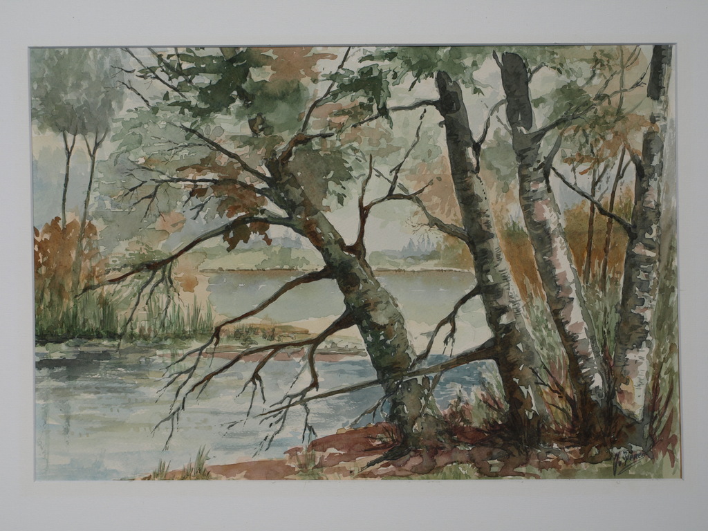 J. van Iperen - Aquarel – Bomen aan het water  - Gesigneerd – *DAKA-AANBIEDING* kopen? Bied vanaf 23!