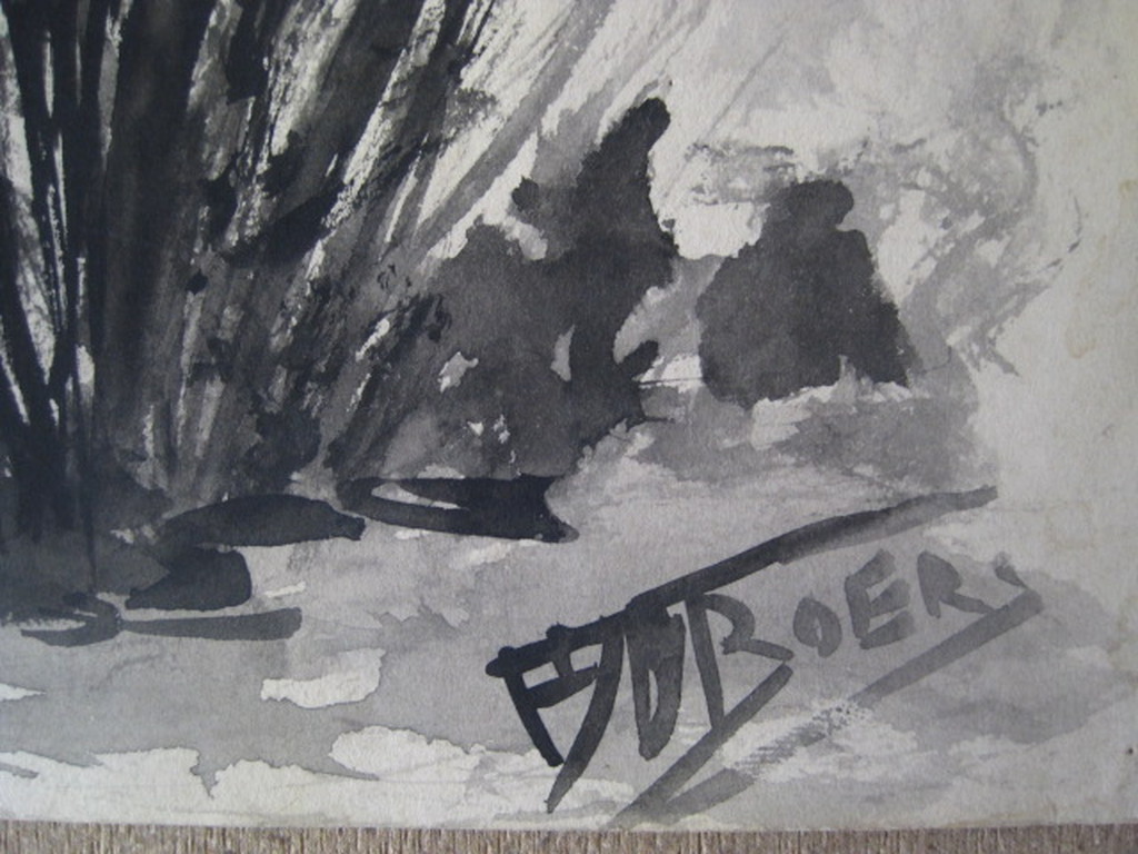 Mooie grote Sepiatekening "boerenerf op Texel" van Frans Broers 1914-1987 gesigd kopen? Bied vanaf 1!