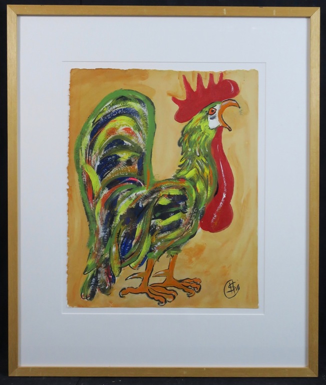 Hans Stoevenbelt: Gemengde techniek op papier, Haan - Ingelijst verkocht voor € 40!