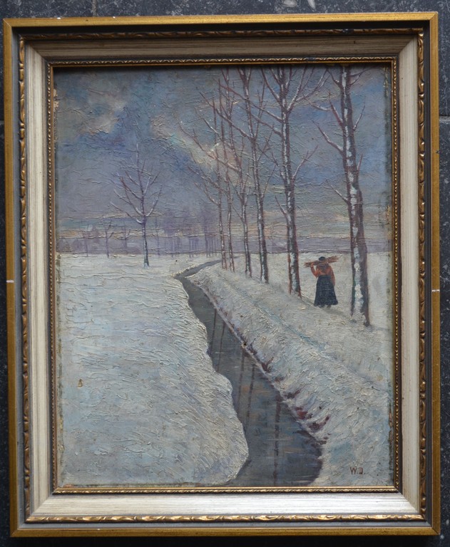 Onbekend (monogram W.D.): olieverf op paneel, winters landschap verkocht voor € 76!