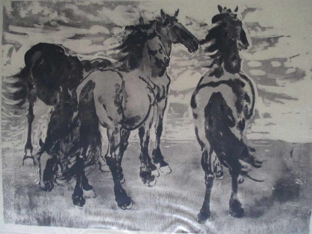 Ets gedrukt op zijde, onbekend gesigneerd, 3 paarden kopen? Bied vanaf 1!