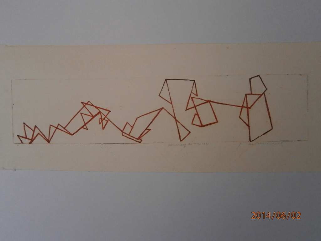 Abstracte figuren, kleuren-ets, 9 x 40 (18 x 45) 20 mei 1971 verkocht voor € 35!