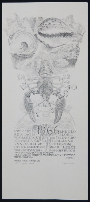 Charles Donker: Litho, Compositie met tekst en kreeft / nieuwjaarswens voor 1966 kopen? Bied vanaf 25!