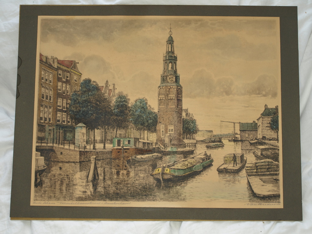 Ingekleurde ets of prent – Oude Schans Montelbaanstoren Amsterdam – Oud kopen? Bied vanaf 1!