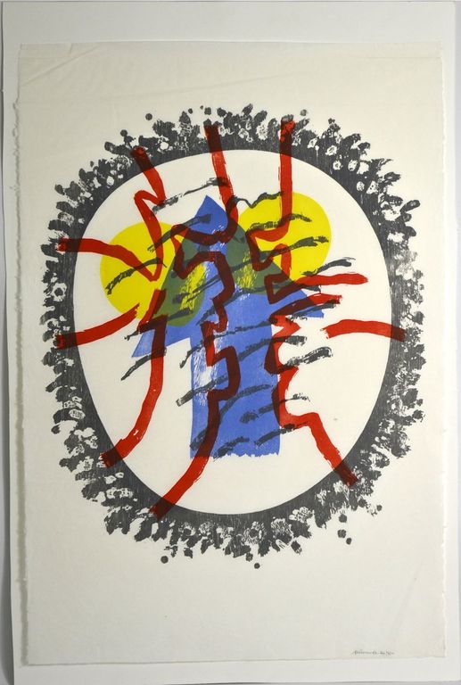 Jef Diederen: Houtdruk. Abstracte compositie met pijl kopen? Bied vanaf 70!