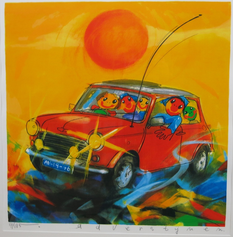 Ad Verstijnen: Zeefdruk, Austin 7 - Ingelijst (groot) verkocht voor € 70!