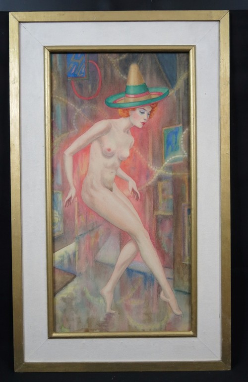 Jan Ph. A. de Vries: Aquarel, Naakte vrouw met hoed -Ingelijst kopen? Bied vanaf 75!