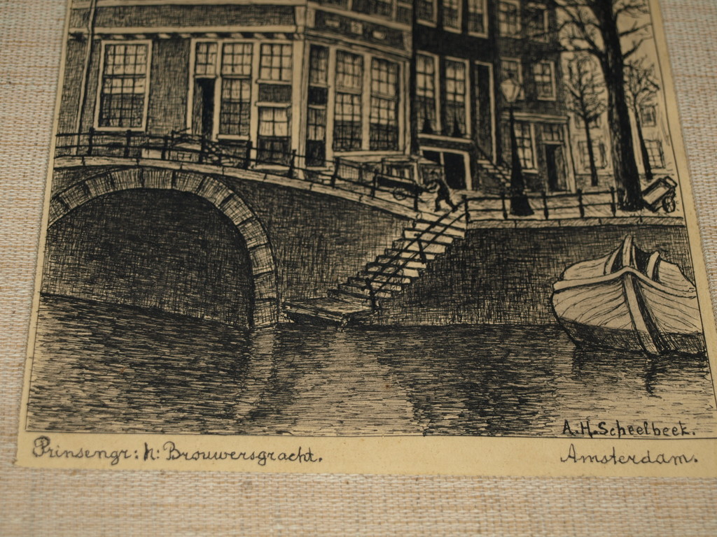 A.H. Scheeland – Pentekening, Prinsengracht Amsterdam–Gesigneerd & ingelijst-Oud kopen? Bied vanaf 30!