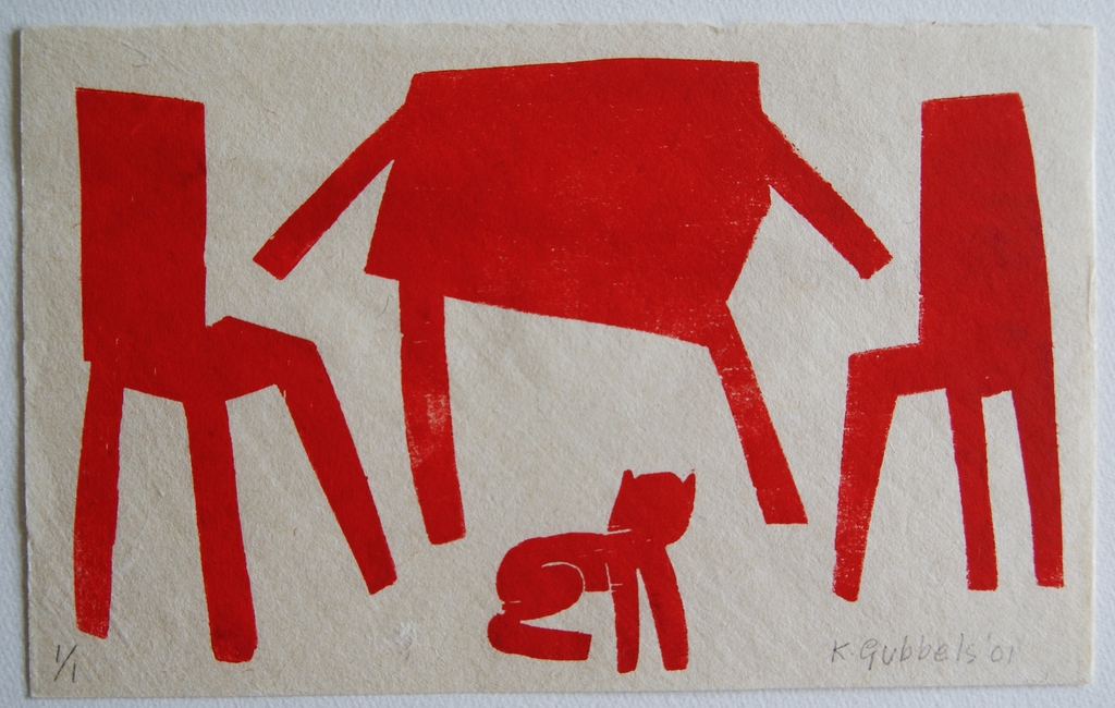Klaas Gubbels houtdruk 'Interieur met poes' - 2001- oplage 1 exemplaar. kopen? Bied vanaf 250!
