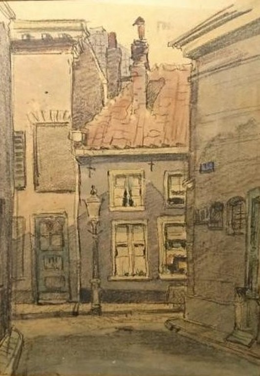 Onbekende Kunstenaar - Aquarel/Houtskool op board - Straattafereel zonder titel. kopen? Bied vanaf 1!