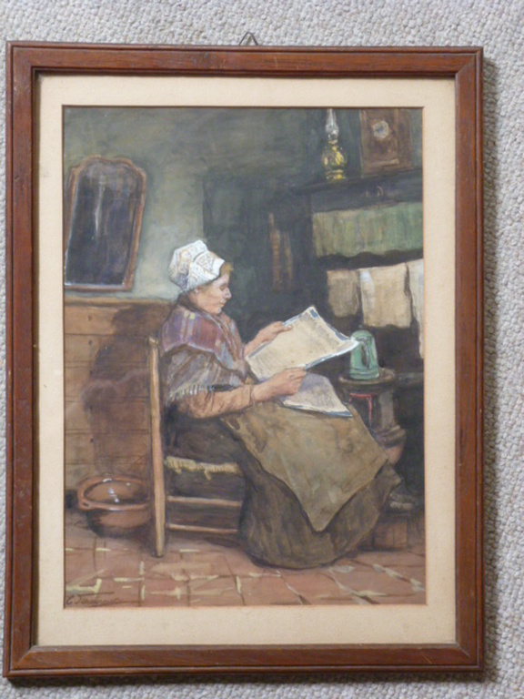 Eduard Schalbroeck - aquarel - Boerin leest krant kopen? Bied vanaf 150!