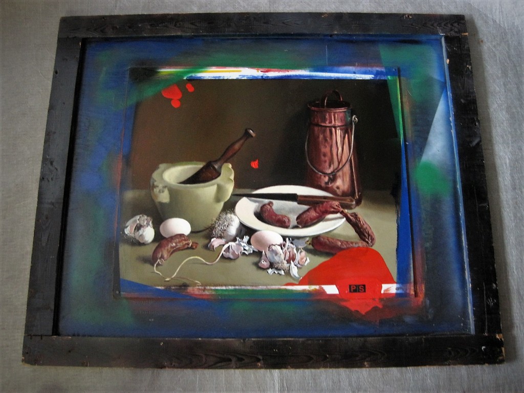 Sterk realistisch keukenstilleven olievrf "Worst,eieren knoflook en vijzel" gesd verkocht voor € 85!