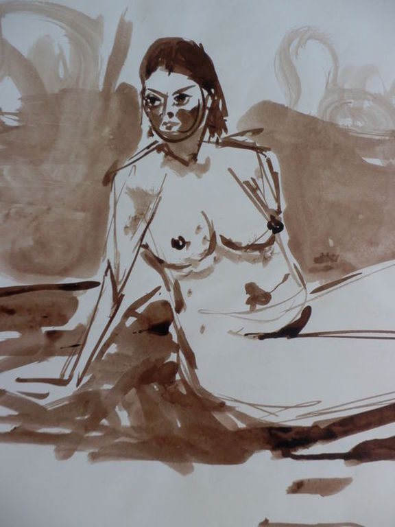 JUUL NEUMANN   Aquarel op papier  ZITTEND NAAKT kopen? Bied vanaf 35!