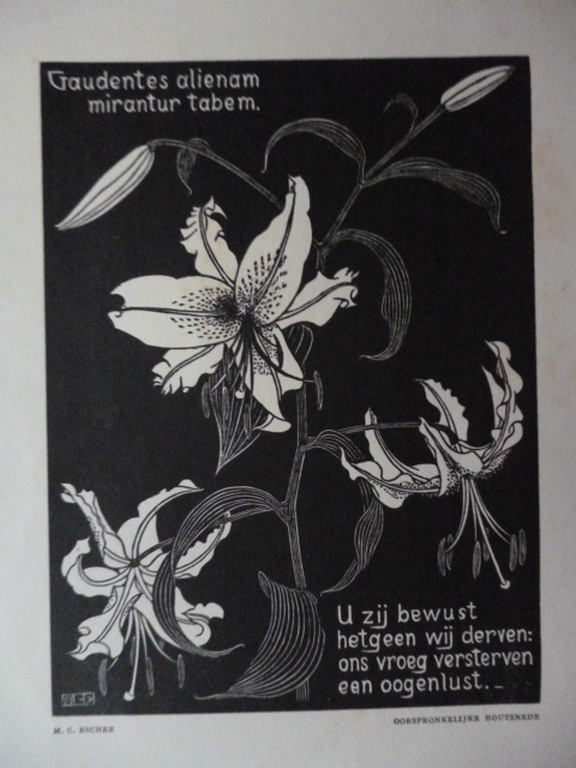 M.C. Escher - houtsnede - Bloemen verkocht voor € 250!