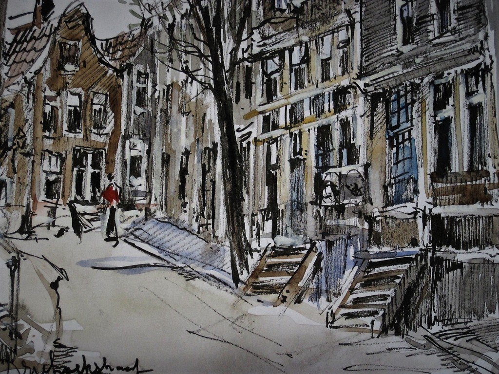 Gesigneerd v/d Pol Aquarel Amsterdam "Vrouw in Driehoekstraat Jordaan" ca.1950 kopen? Bied vanaf 1!
