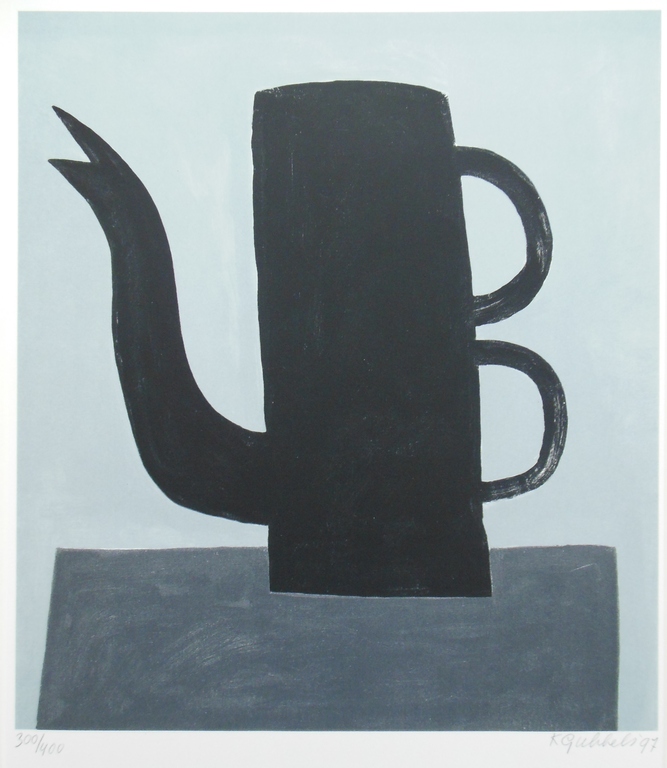 Mooi Grafisch werk van Klaas Gubbels uit 1997 : Zwarte Koffiekan met dubbel oor verkocht voor € 350!