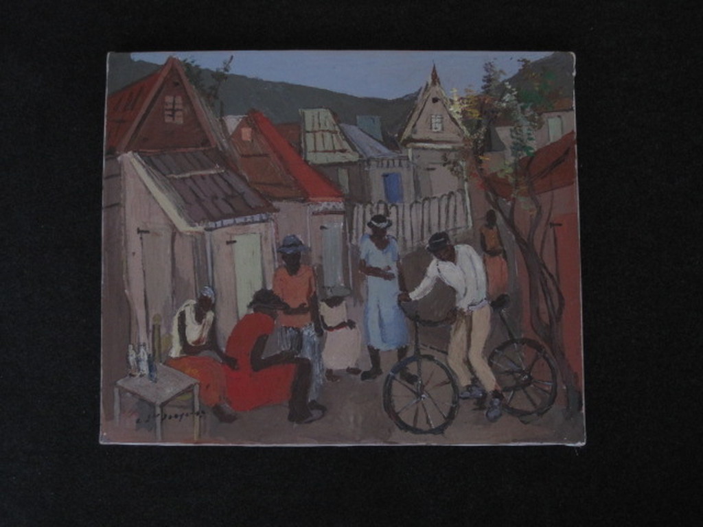 Gesigneerd Afrikaans olieverf op doek schilderij "personen op plein"  kopen? Bied vanaf 1!