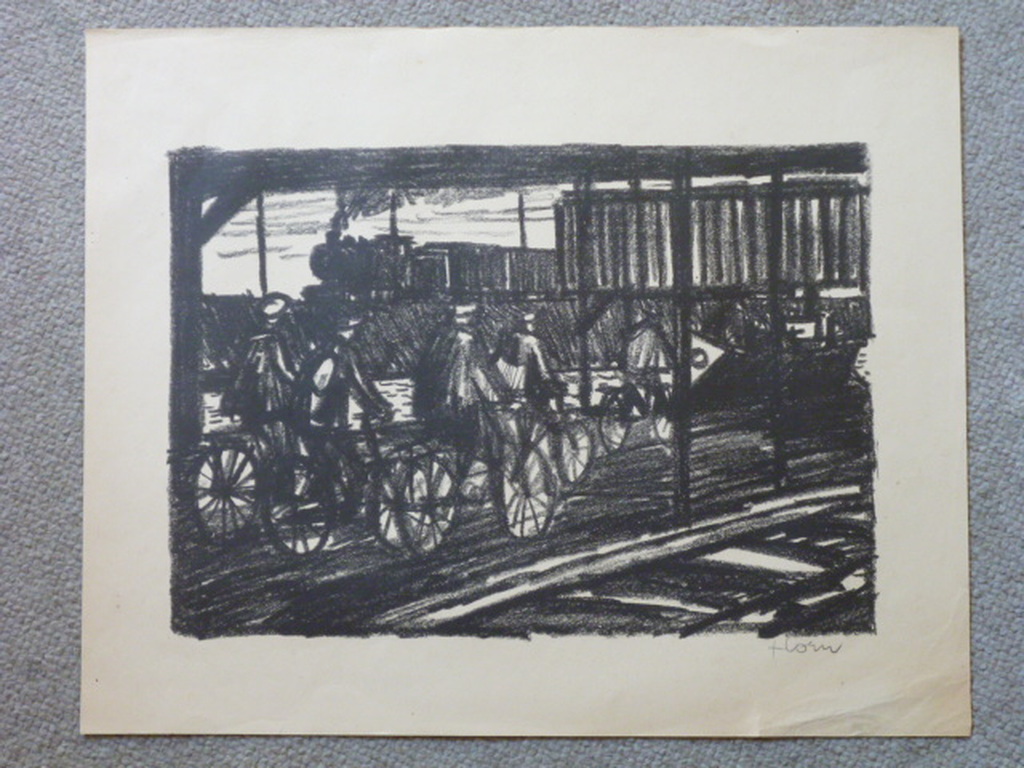 Lex Horn - litho - Fietsers bij spoorlijn kopen? Bied vanaf 35!