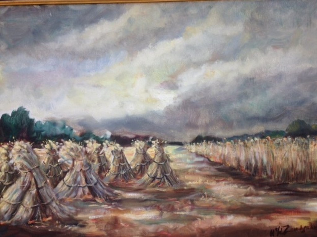 Henk van de Zandschulp, olieverf op doek, Korenschoven op het veld kopen? Bied vanaf 100!