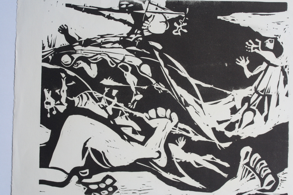 Karel Timmerman - linodruk - De Zondvloed - circa 1968 - gesigneerd kopen? Bied vanaf 1!