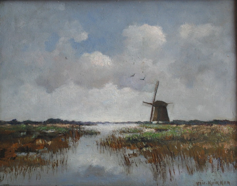 Aris Knikker (1887 – 1962) - Olieverf op paneel - Waterlandschap met molen verkocht voor € 165!