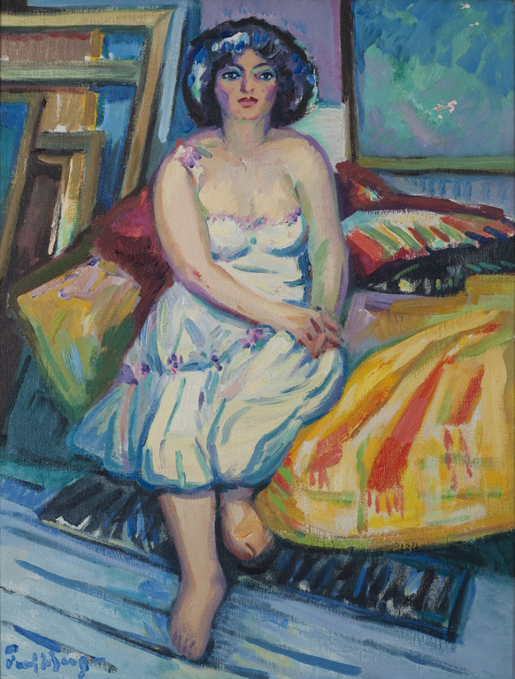 Freek van den Berg, (1918 - 2002), olieverf op doek, Dame in atelier kopen? Bied vanaf 1200!