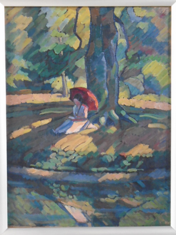 Johannes Cornelis Busé - olieverf - Vrouw met parasol onder een boom verkocht voor € 250!