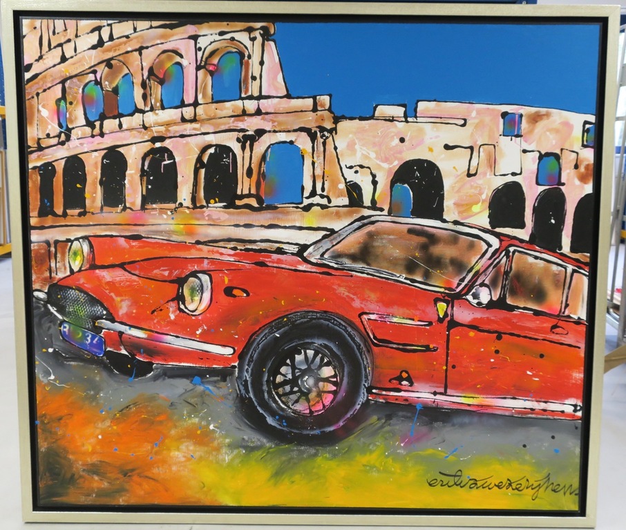 Erik Zwezerijnen: Acryl op doek, Rode Ferrari - Ingelijst (Zeer groot) kopen? Bied vanaf 500!