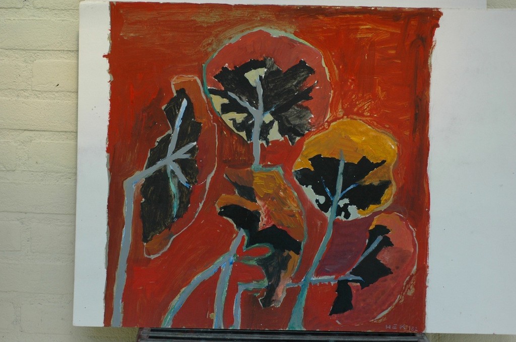 Hans Ebeling Koning, acrylverf op papier, Bloemen in Rood kopen? Bied vanaf 60!