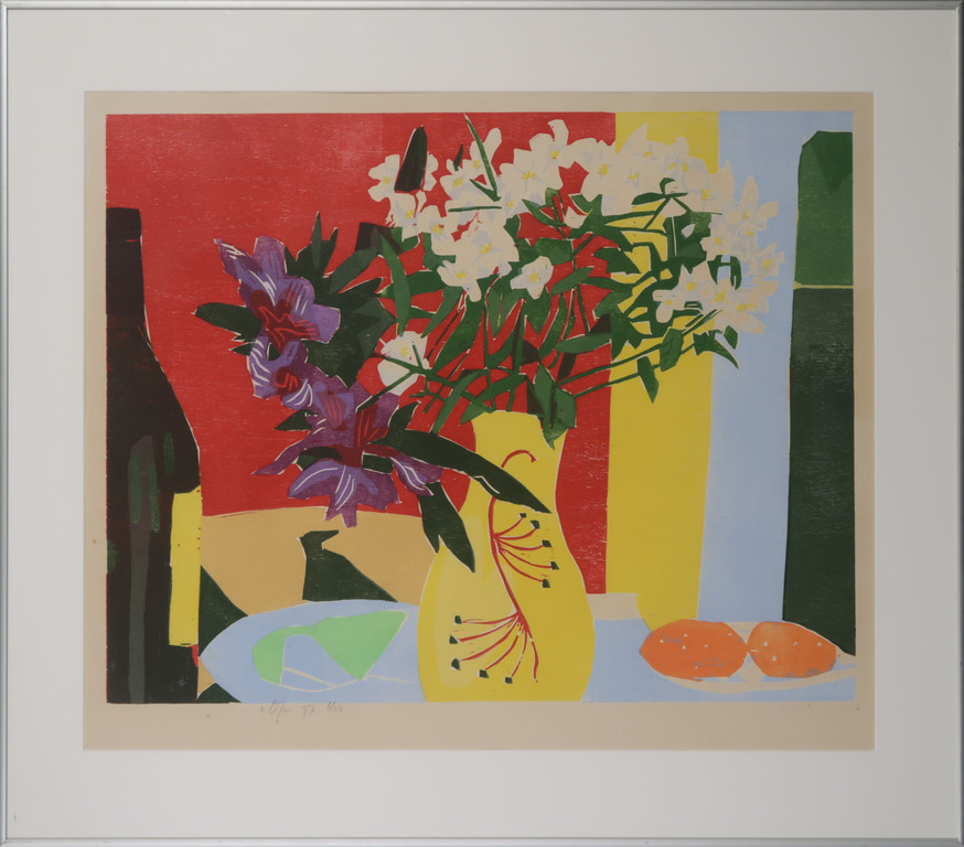 Vincent van Ojen: Houtsnede, Stilleven met jasmijn - Ingelijst verkocht voor € 70!