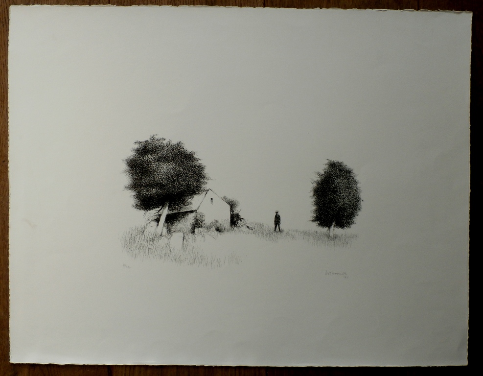 Metten Koornstra, Man in landschap tussen huis en bomen, 1971, handgesigneerd kopen? Bied vanaf 85!