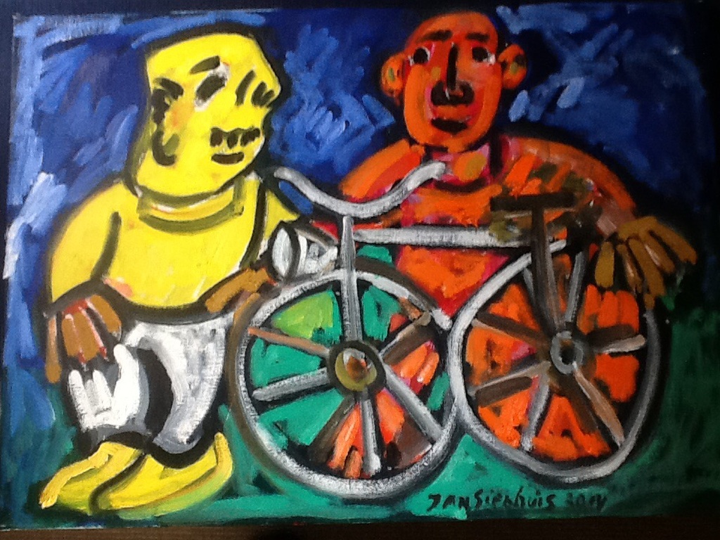 Jan Sierhuis: olieverf op doek, Kinderen met fiets. kopen? Bied vanaf 350!