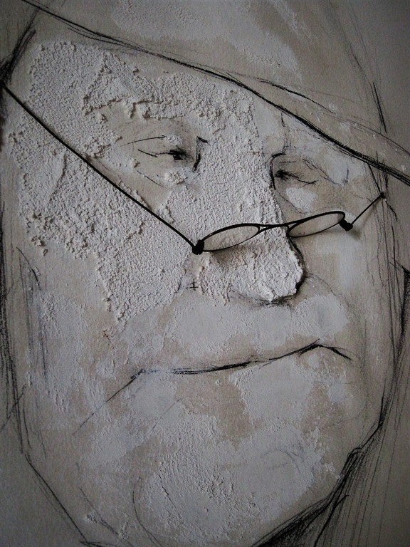 Opmerkelijk 3d materieschilderij in perspex box "man met (echte) bril"   verkocht voor € 96!