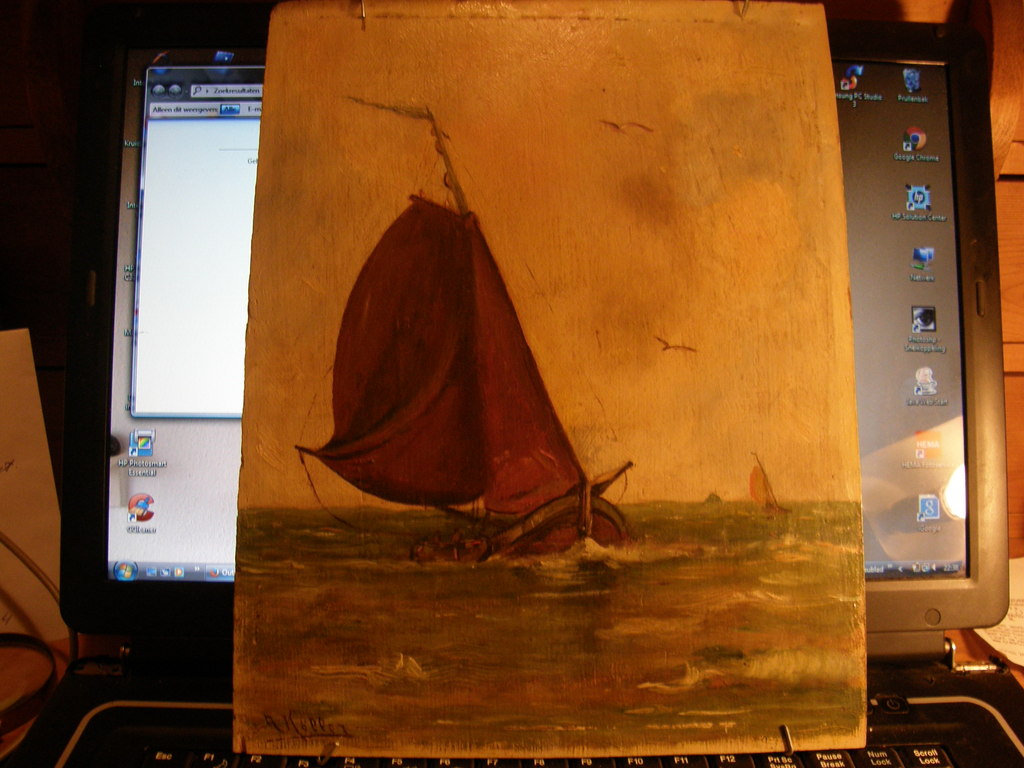 Botters op zee. Olieverf op paneel gesigneerd J.Koller. kopen? Bied vanaf 25!